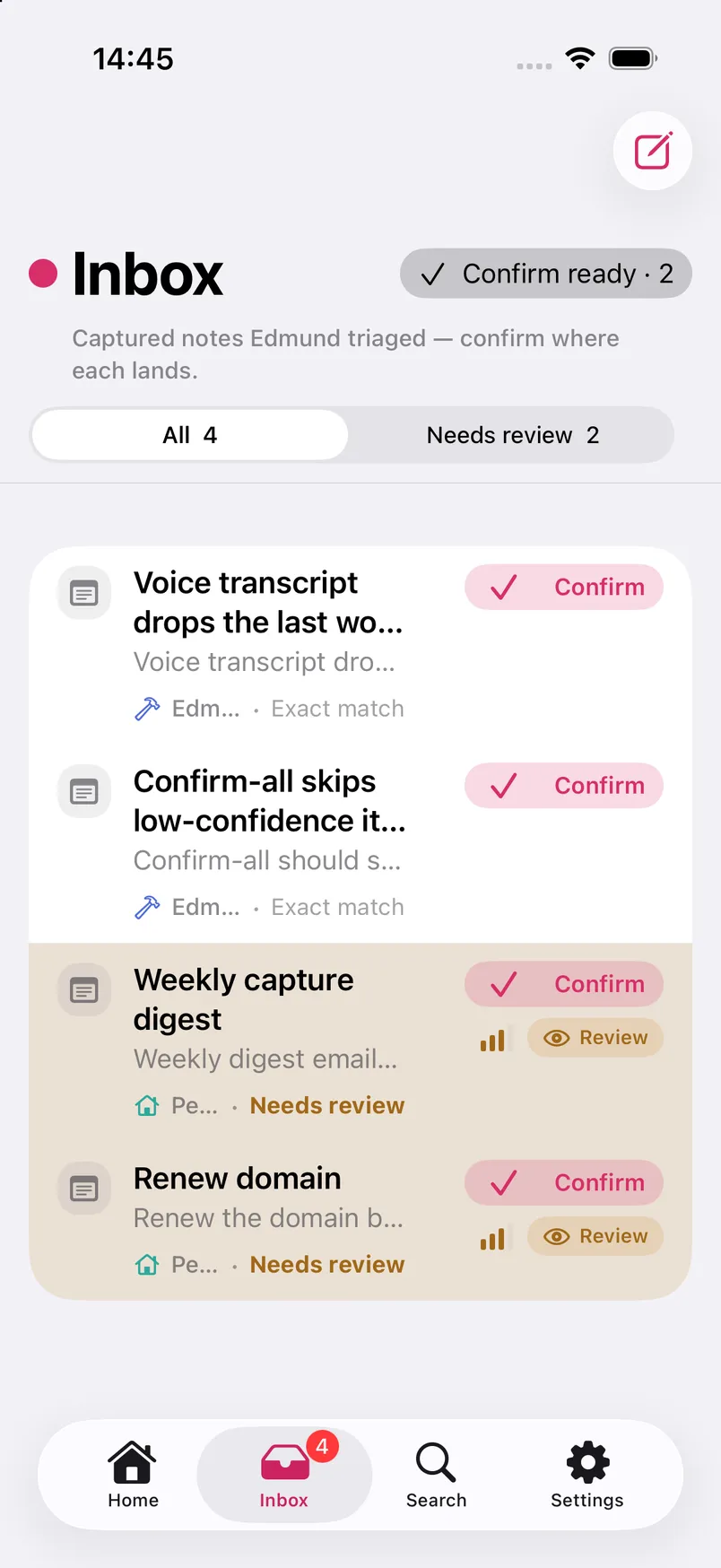 Edmund on iPhone: the Inbox after AI triage, each note filed into a project